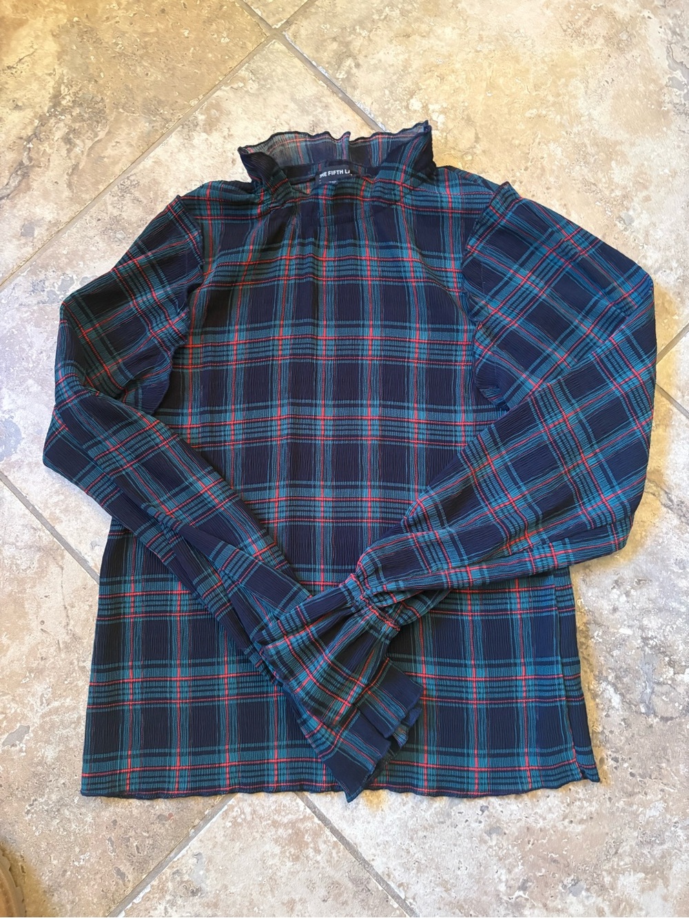 The Fifth Label Navy, Green & Red Tartan Ruffle-Neck Top